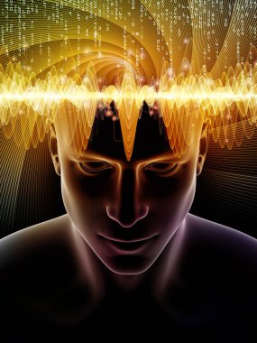 Dalgalar serisi için sorun. İnsan kafası ve bilinç, beyin, akıl ve yapay zeka konusunda teknoloji simgeler 3d çizimi etkileşimi