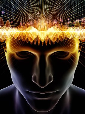 Dalgalar serisi için sorun. Arka plan insan kafası ve teknoloji sembolleri bilinç, beyin, akıl ve yapay zeka projelerde kullanılmak üzere 3d çizimi yapılmış