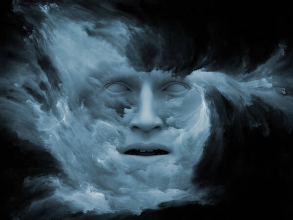 Серия игр Mind Fog. 3D иллюстрация, состоящая из человеческого лица, морфированного фрактальной краской на тему внутреннего мира, снов, эмоций, творчества, воображения и человеческого разума
