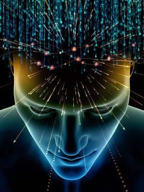 Zihin dizi elemanları. insan kafası ve sembolleri bilim, eğitim ve zihin gücü konusunda teknolojinin 3D çizimi