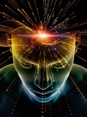 Zihin dizi elemanları. insan kafası ve sembolleri bilim, eğitim ve zihin gücü konusunda teknolojinin 3D çizimi