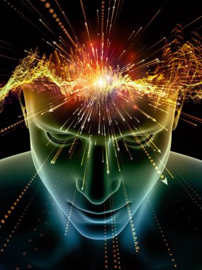 Zihin dizi elemanları. insan kafası ve sembolleri bilim, eğitim ve zihin gücü konusunda teknolojinin 3D çizimi