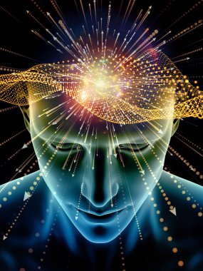 Zihin dizi elemanları. insan kafası ve sembolleri bilim, eğitim ve zihin gücü konusunda teknolojinin 3D çizimi