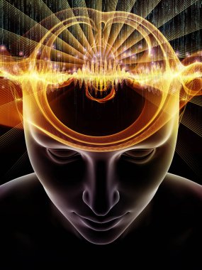 Dalgalar serisi için sorun. Tasarım insan kafası ve teknoloji simgeler 3d çizimi bilinç, beyin, akıl ve yapay zeka konusunda bir metafor olarak oluşur