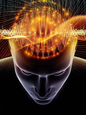 Dalgalar serisi için sorun. İnsan kafası ve teknoloji sembolleri için 3d çizimi tasarlamak zemin bilinç, beyin, akıl ve yapay zeka üzerinde çalışır