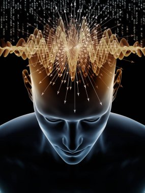 Dalgalar serisi için sorun. Bilinç, beyin, akıl ve yapay zeka için insan kafası ve teknoloji simgeler 3d çizimi yaratıcı düzenleme