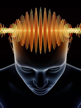 Dalgalar serisi için sorun. İnsan kafası ve bilinç, beyin, akıl ve yapay zeka konusunda teknoloji simgeler 3d çizimi bileşimi