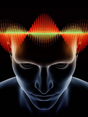 Dalgalar serisi için sorun. Soyut Tasarım insan kafası ve bilinç, beyin, akıl ve yapay zeka konusunda teknoloji simgeler 3d çizimi yapılmış