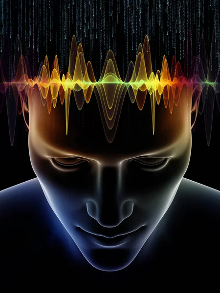 波シリーズを心します 人間の頭および人工知能 知性脳意識をテーマに技術記号の イラストレーションの組成 — ストック写真