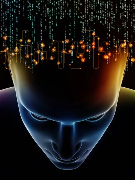 心波系列 人类头部3D 图解与技术符号在意识 智力和人工智能主题上的相互作用 — 图库照片
