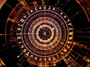 Anlam serisi çemberi. Arka plan tasarımı kutsal sembolleri, oklar ve fraktal öğeleri maneviyat, Astroloji, fal ve sihir konusunda