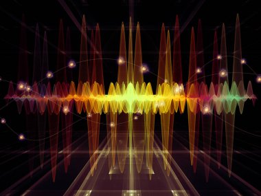 Dalga fonksiyonu serisi. Renkli sinüs titreşimler arka plan kompozisyon, ışık ve fraktal öğeleri ses ekolayzer, konu üzerinde müzik spektrum ve kuantum olasılık