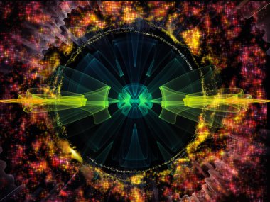 Dalga Fonksiyonu serisi. Ses eşitleyici, müzik spektrumu ve kuantum olasılığı konularında renkli sinüs titreşimleri, ışık ve fraktal elementlerin düzenlenmesi