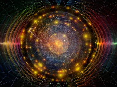 Dalga Fonksiyonu serisi. Ses eşitleyici, müzik spektrumu ve kuantum olasılığı üzerine renkli sinüs titreşimleri, ışık ve fraktal elementlerin arkaplanı