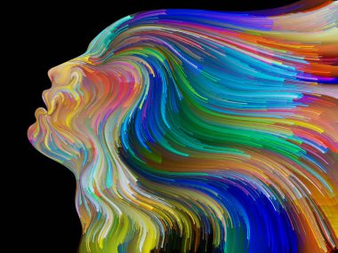 Yüz renk serisi. İnsan profili ve yaratıcılık, tasarım, iç dünya, içgüdü ve sanatsal ruh konusunda boya hareketli renkli çizgiler soyut tasarım yapılmış