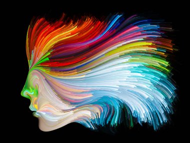 Renk serisinin yüzü. Yaratıcılık, tasarım, iç dünya, insan doğası ve sanatsal ruh projeleri için uygun bir zemin olarak insan profili ve renkli renkli boya çizgileri.