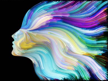 Yüz renk serisi. İnsan profili ve yaratıcılık, tasarım, iç dünya, içgüdü ve sanatsal ruhu projelerde kullanılmak üzere boya hareketli renkli çizgiler arka plan yapılmış