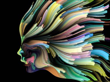 Yüz renk serisi. İnsan profili ve yaratıcılık, tasarım, iç dünya, içgüdü ve sanatsal ruhu projelerde kullanılmak üzere boya hareketli renkli çizgiler arka plan yapılmış