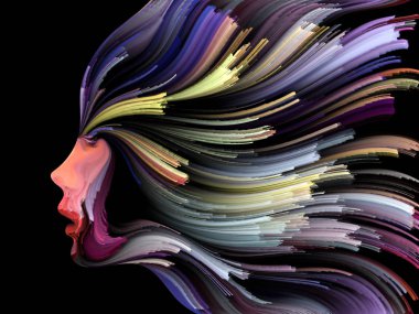 Yüz renk serisi. İnsan profili ve yaratıcılık, tasarım, iç dünya, içgüdü ve sanatsal ruhu boya mecazi ilişki ile hareketli renkli çizgiler bileşimi