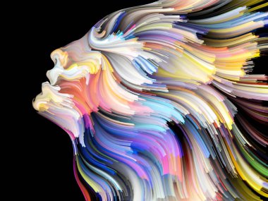 Yüz renk serisi. İnsan profili ve yaratıcılık, tasarım, iç dünya, içgüdü ve sanatsal ruh konusunda boya hareketli renkli çizgiler