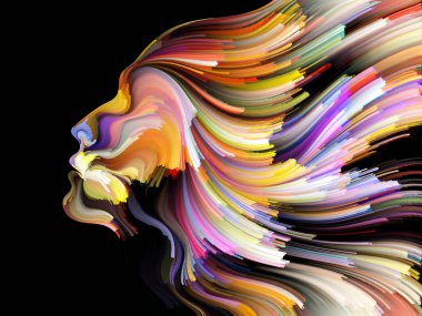 Yüz renk serisi. İnsan profili ve yaratıcılık, tasarım, iç dünya, içgüdü ve sanatsal ruh konusunda boya hareketli renkli çizgiler