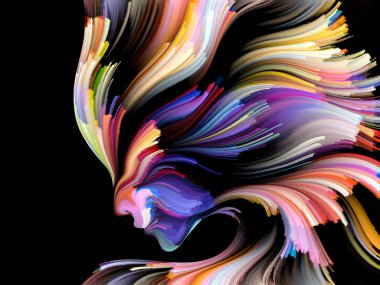 Yüz renk serisi. Arka plan tasarım insan profili ve yaratıcılık, tasarım, iç dünya, içgüdü ve sanatsal ruh konusunda boya hareketli renkli çizgiler