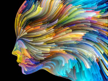 Yüz renk serisi. Zemin tasarımı insan profili ve boya işleri yaratıcılık, tasarım, iç dünya, insan doğası ve sanatsal ruhu için hareketli renkli çizgiler