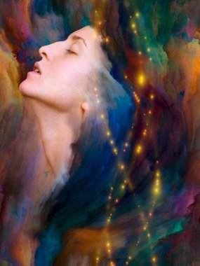 Onun Dünya serisi. Mecazi ilişki duygular, duygular, iç dünya, yaratıcılık ve hayal gücü ile canlı boya ile kadın portre bileşimi erimiş