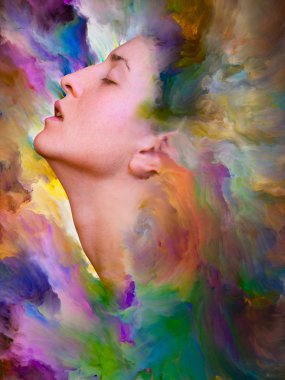 Dünya serisi. Duygular, duygular, iç dünya, yaratıcılık ve hayal gücü konularında bir metafor olarak kadın portresiyle birleştirilmiş bir tasarım.