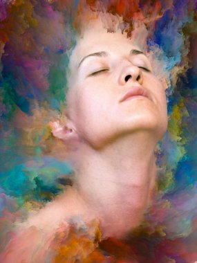 Dünya serisi. Duygular, duygular, iç dünya, yaratıcılık ve hayal gücü konularında kadın portresiyle birleştirilmiş soyut tasarım.