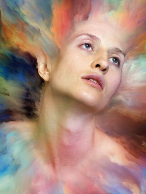 Dünya serisi. Duygular, duygular, iç dünya, yaratıcılık ve hayal gücü üzerine projeler için uygun bir zemin olarak canlı boyayla kaynaştırılmış kadın portresinin bileşimi