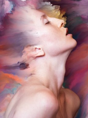 Dünya serisi. Duygular, duygular, iç dünya, yaratıcılık ve hayal gücü üzerine planlara uygun canlı boyalarla kaynaştırılmış kadın portresinden yapılmış görsel çekicilik.