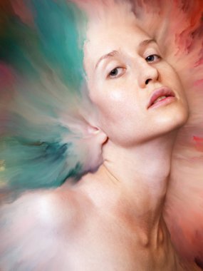 Dünya serisi. Kadın portresinin arka plan tasarımı duygular, duygular, iç dünya, yaratıcılık ve hayal gücü üzerine canlı boyalar ile kaynaştırılmış.