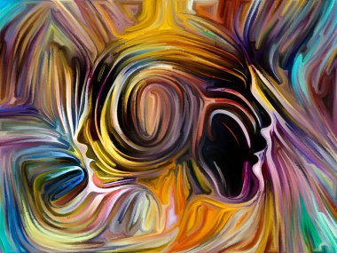 İç geometri serisi. Karma gravür ve suluboya tarzı, insan ruhunun, iç drama, sanat, şiir ve Maneviyat konuda işlenen insan yüzü kompozisyon