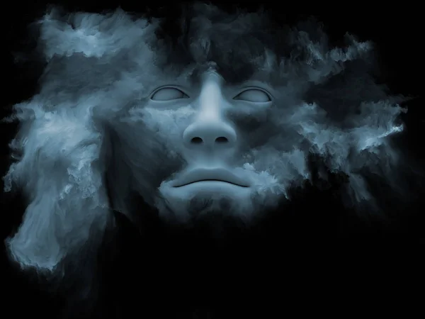 Mind Fog series. 3D illustration of human face morphed with fractal paint for works on inner world, dreams, emotions, creativity, imagination and human mind