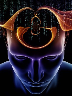 Mind Waves series. Background design of 3D illustration of human head and technology symbols on the subject of consciousness, brain, intellect and artificial intelligence