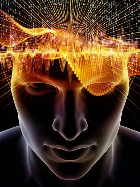 Mind Waves series. Artistic abstraction composed of 3D illustration of human head and technology symbols on the subject of consciousness, brain, intellect and artificial intelligence