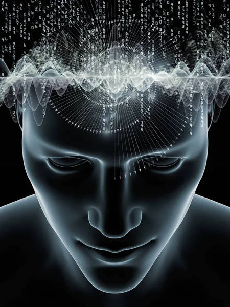 Mind Waves series. Background composition of  3D illustration of human head and technology symbols on the subject of consciousness, brain, intellect and artificial intelligence