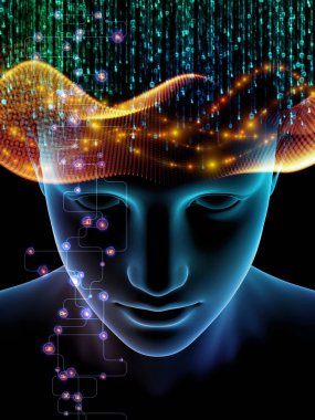 Zihin dizi elemanları. insan kafası ve sembolleri bilim, eğitim ve zihin gücü konusunda teknolojinin 3D çizimi