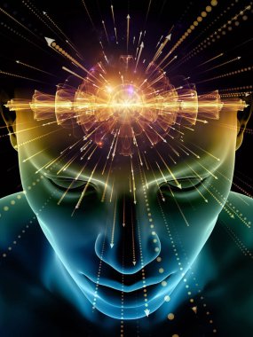 Zihin dizi elemanları. insan kafası ve sembolleri bilim, eğitim ve zihin gücü konusunda teknolojinin 3D çizimi