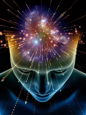 Zihin dizi elemanları. insan kafası ve sembolleri bilim, eğitim ve zihin gücü konusunda teknolojinin 3D çizimi