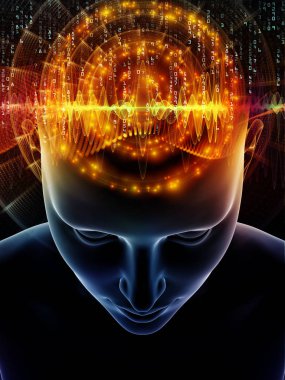 Dalgalar serisi için sorun. İnsan kafası ve bilinç, beyin, akıl ve yapay zeka konusunda teknoloji simgeler 3d çizimi etkileşimi