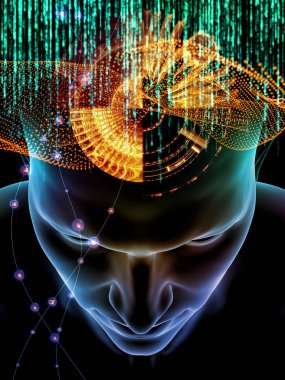 Zihin dizi elemanları. insan kafası ve sembolleri bilim, eğitim ve zihin gücü konusunda teknolojinin 3D çizimi