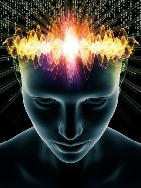 Dalgalar serisi için sorun. Soyut Tasarım insan kafası ve bilinç, beyin, akıl ve yapay zeka konusunda teknoloji simgeler 3d çizimi yapılmış