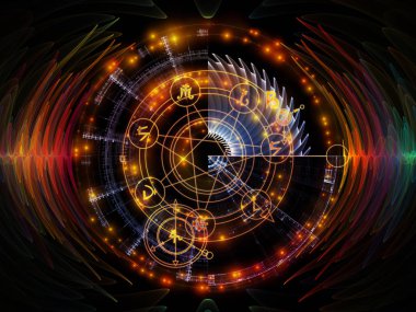 Astral kızdırma serisi. Arka plan tasarımı kutsal geometri hatları, Astroloji sembolleri ve Maneviyat, büyü ve Tasavvuf ışıkları