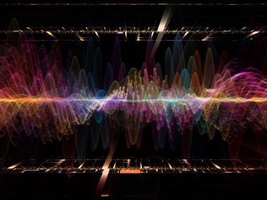 Dalga Fonksiyonu serisi. Ses eşitleyici, müzik spektrumu ve kuantum olasılığının metaforu olarak renkli sinüs titreşimleri, ışık ve fraktal elementlerden oluşan tasarım