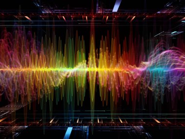 Dalga Fonksiyonu serisi. Ses eşitleyici, müzik spektrumu ve kuantum olasılığının metaforu olarak renkli sinüs titreşimleri, ışık ve fraktal elementlerden oluşan tasarım