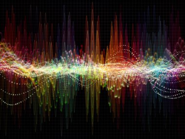 Dalga Fonksiyonu serisi. Ses eşitleyici, müzik spektrumu ve kuantum olasılığıyla ilgili projeler için arkaplan görevi görecek renkli sinüs titreşimleri, ışık ve fraktal elementlerden oluşan tasarım