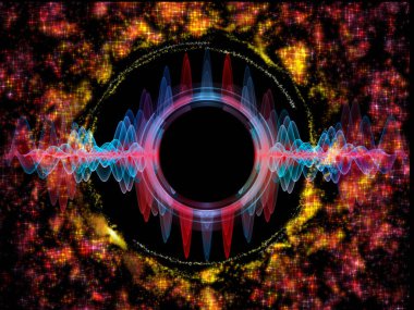 Dalga Fonksiyonu serisi. Ses eşitleyici, müzik spektrumu ve kuantum olasılığı konularında renkli sinüs titreşimleri, ışık ve fraktal elementlerin düzenlenmesi