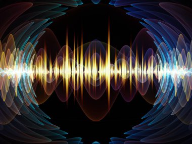 Dalga Fonksiyonu serisi. Ses eşitleyici, müzik spektrumu ve kuantum olasılığıyla ilgili projeler için arkaplan görevi görecek renkli sinüs titreşimleri, ışık ve fraktal elementlerden oluşan tasarım